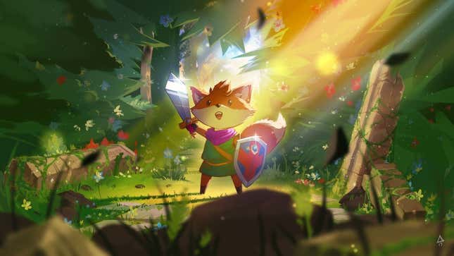 A fox with a sword and shield stands in a forest.