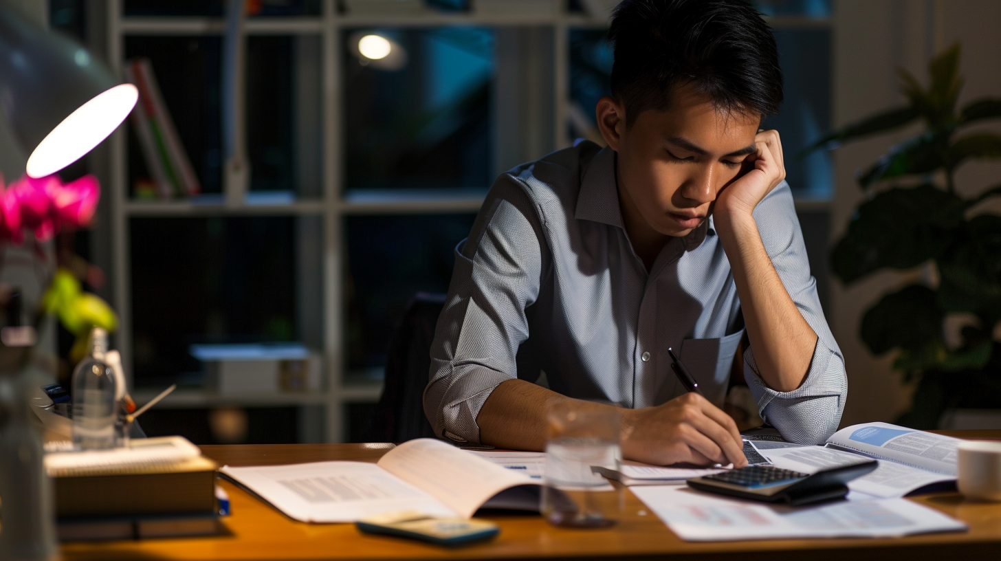 man at desk trying to figure out gross earnings