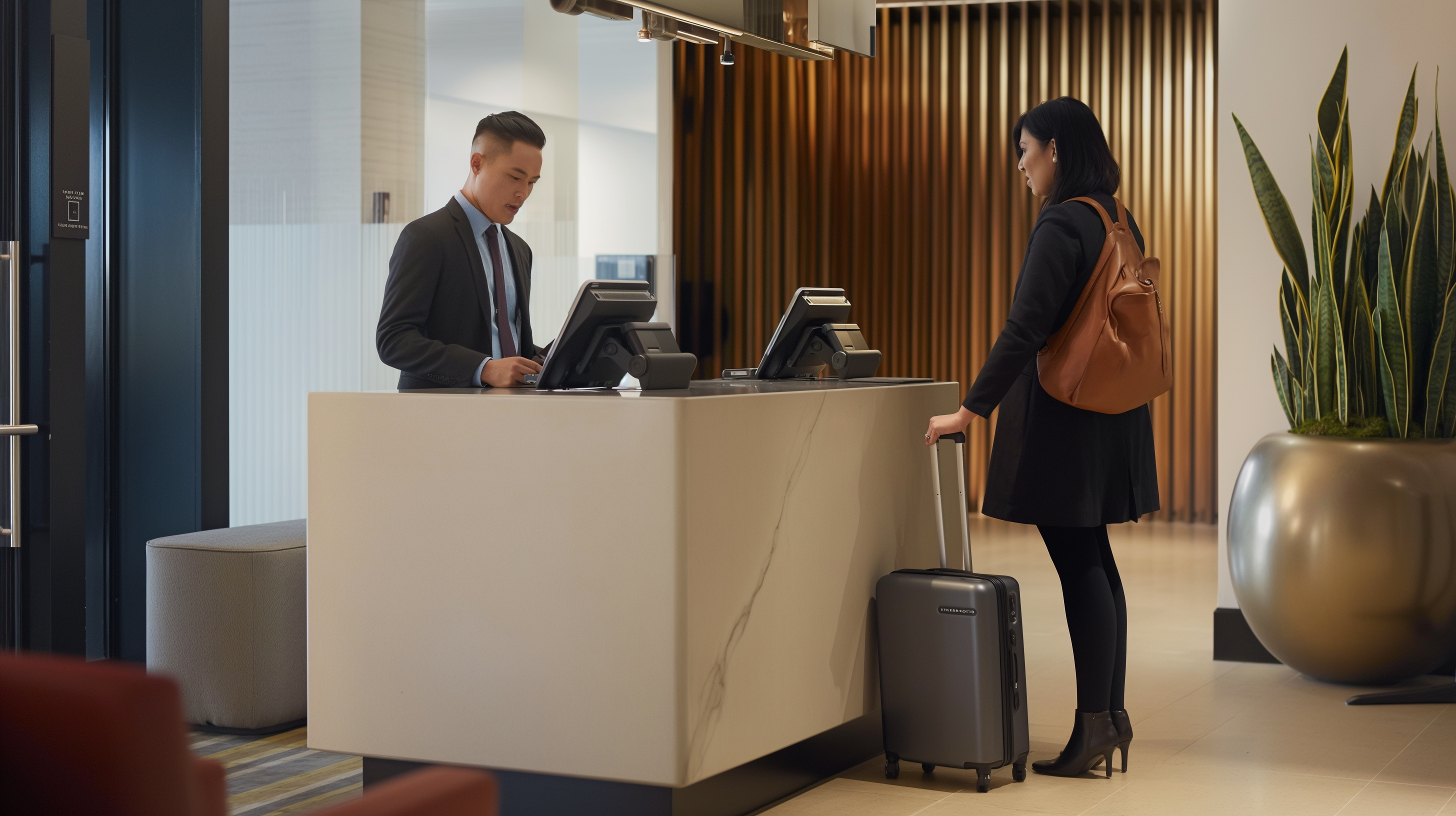 business traveller checks into a hotel - per diem california