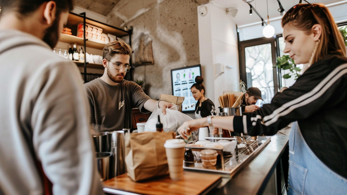 per diem vs part time work. Shows a barista giving a customer an order