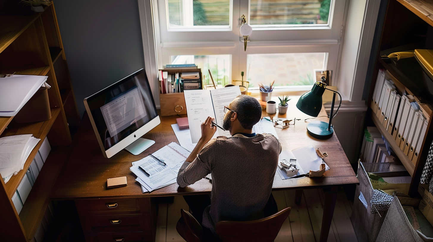 what is a w9 form? Freelancer at desk looking at forms.